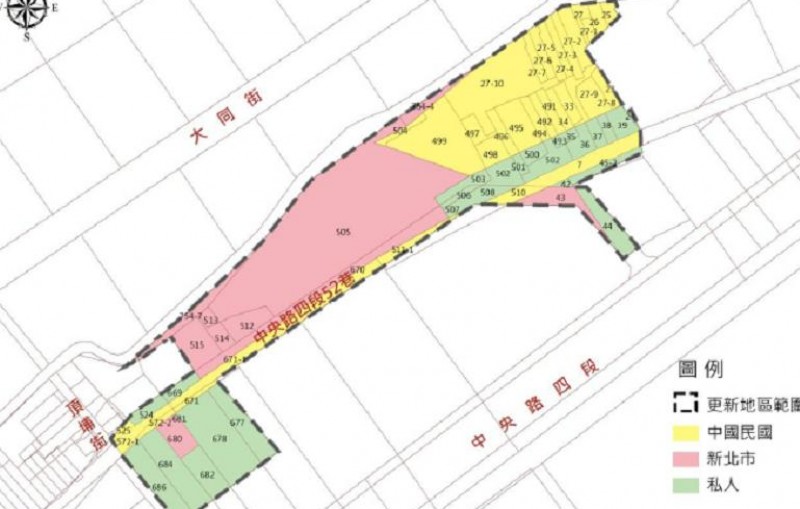 捷運土城線頂埔站周邊公私有土地都市更新案土地權屬分佈圖